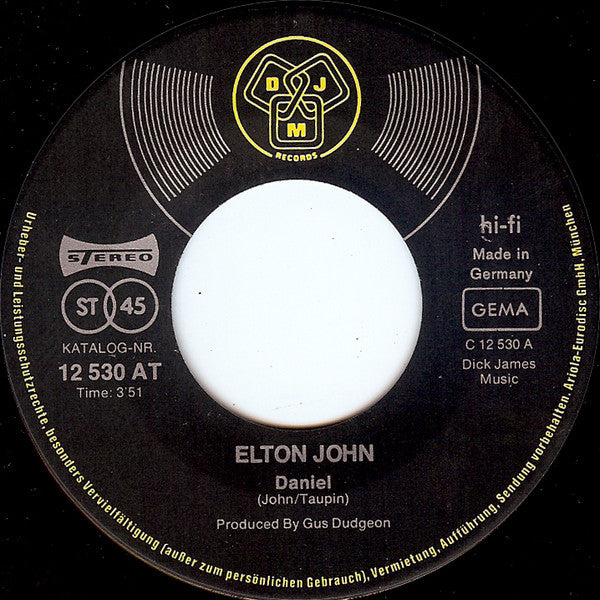 Elton John : Daniel / Skyline Pigeon (7", Single)