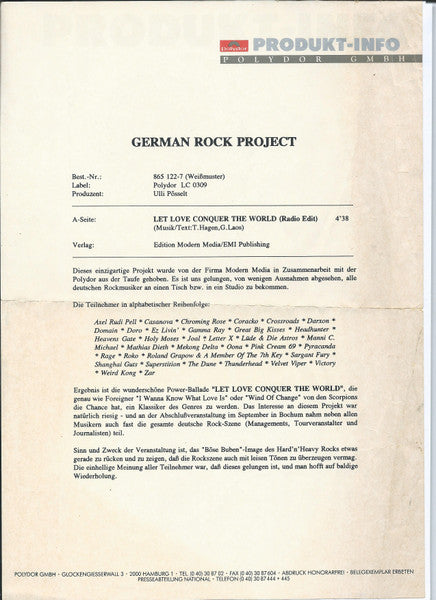 German Rock Project : Let Love Conquer The World (Radio Edit) (7", S/Sided, Single, Promo)