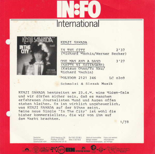 Kenji Sawada : In The City / On Man And A Band (7", Single)