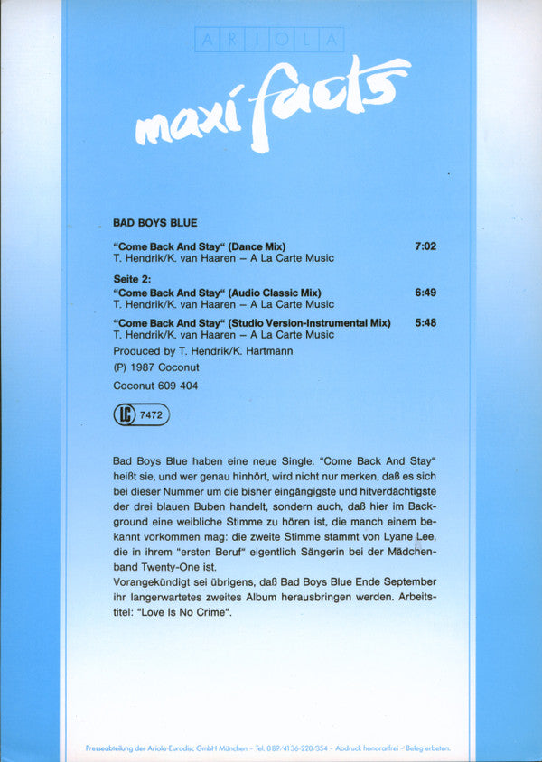 Bad Boys Blue : Come Back And Stay (12", Maxi, Blu)