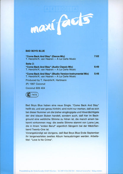 Bad Boys Blue : Come Back And Stay (12", Maxi, Blu)