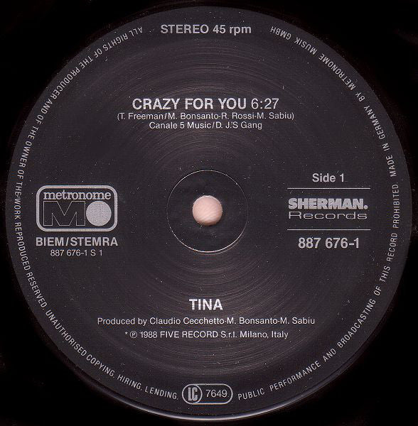 Tina : Crazy For You (12", Maxi)