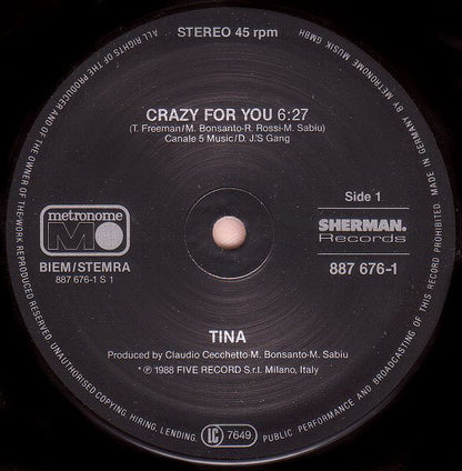 Tina : Crazy For You (12", Maxi)