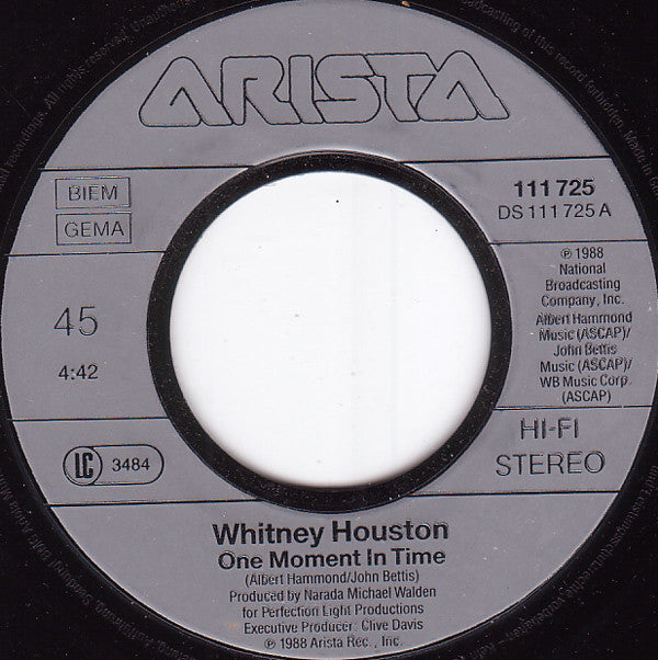 Whitney Houston : One Moment In Time (7", Single)