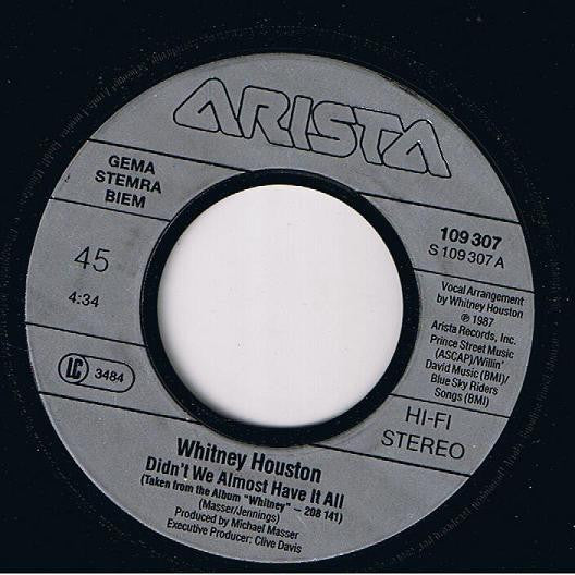 Whitney Houston : Didn't We Almost Have It All (7", Single)