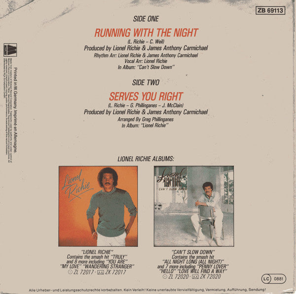 Lionel Richie : Running With The Night (7", Single)