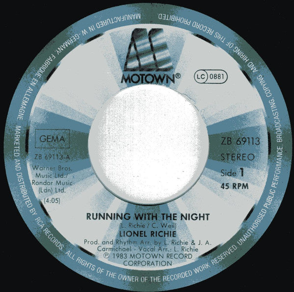 Lionel Richie : Running With The Night (7", Single)
