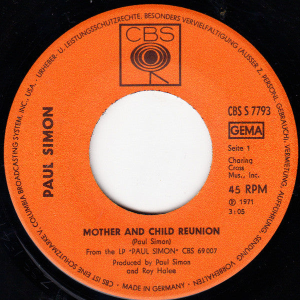 Paul Simon : Mother And Child Reunion / Paranoia Blues (7", Single)
