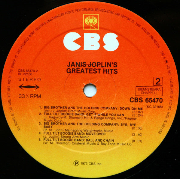Janis Joplin : Janis Joplin's Greatest Hits (LP, Comp, RE)