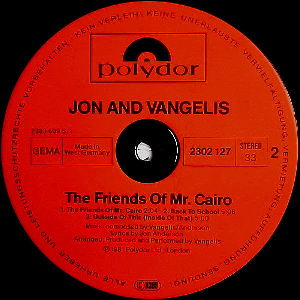 Jon & Vangelis : The Friends Of Mr. Cairo (LP, Album, RE)
