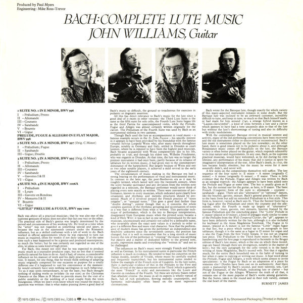 John Williams (7) Plays Bach* : Complete Lute Music = Oeuvres Pour Luth = Sämtliche Werke Für Laute (2xLP, Album)