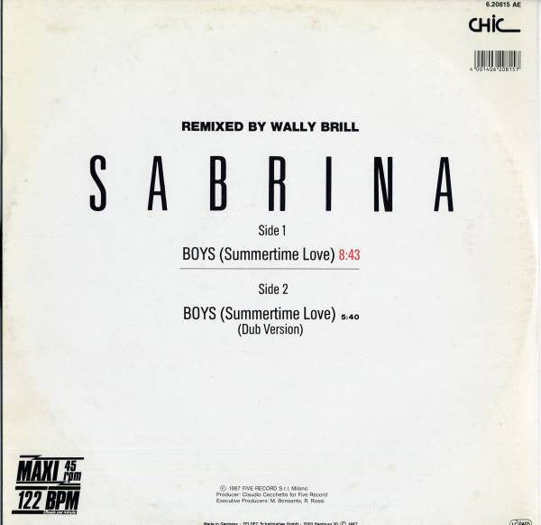 Sabrina : Boys (Summertime Love) Remixed (12", Maxi)