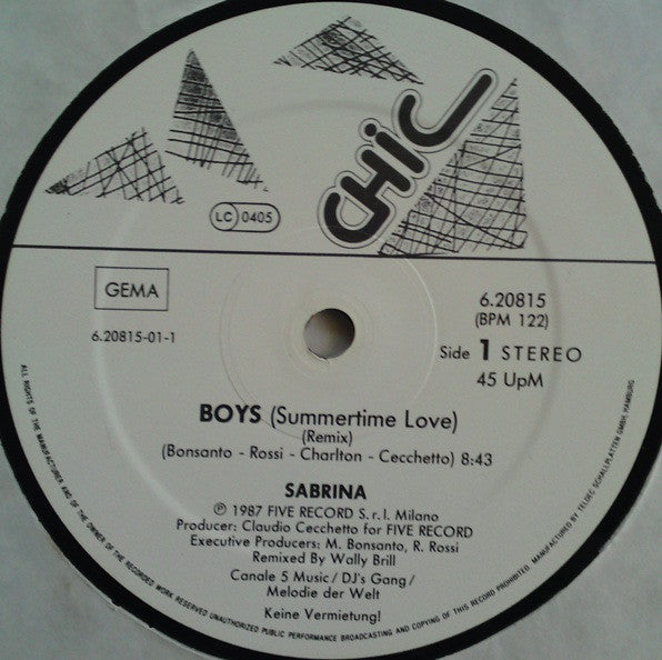 Sabrina : Boys (Summertime Love) Remixed (12", Maxi)