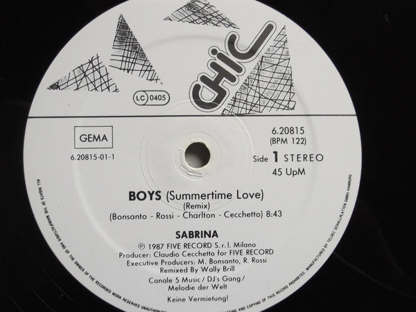 Sabrina : Boys (Summertime Love) Remixed (12", Maxi)