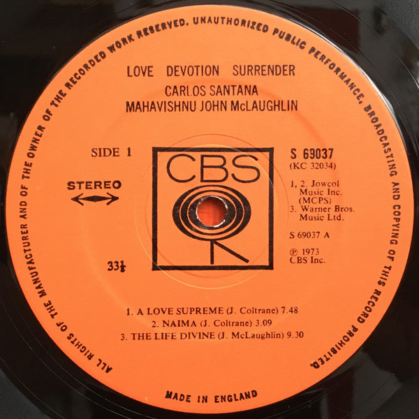 Carlos Santana / Mahavishnu John McLaughlin* : Love Devotion Surrender (LP, Album, Gat)