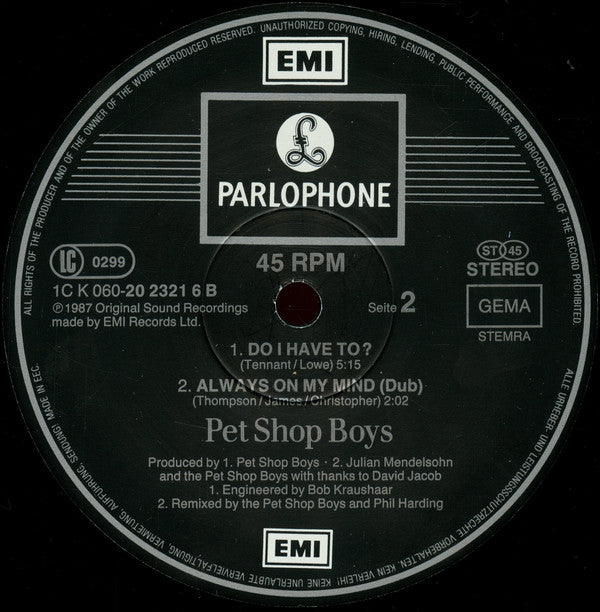Pet Shop Boys : Always On My Mind (Remix) (12", Single)