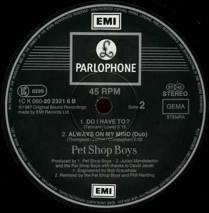 Pet Shop Boys : Always On My Mind (Remix) (12", Single)