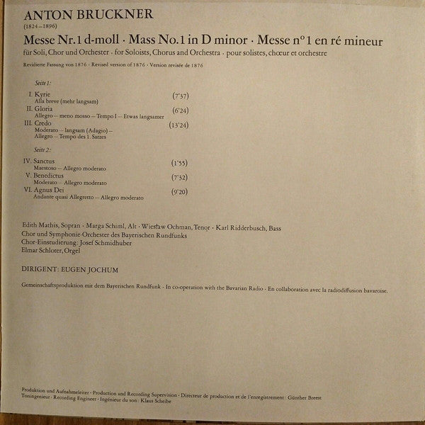 Anton Bruckner - Edith Mathis • Marga Schiml • Wiesław Ochman • Karl Ridderbusch, Chor Des Bayerischen Rundfunks Und Symphonie-Orchester Des Bayerischen Rundfunks, Eugen Jochum : Messe Nr.1 D-Moll (LP)