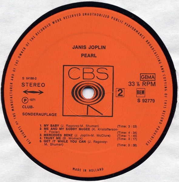 Janis Joplin : Pearl (LP, Album, Club)