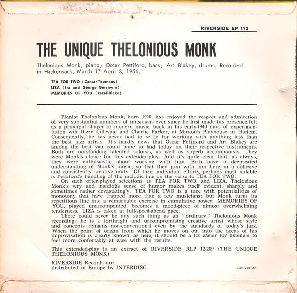 Thelonious Monk : The Unique Thelonious Monk (7", EP)