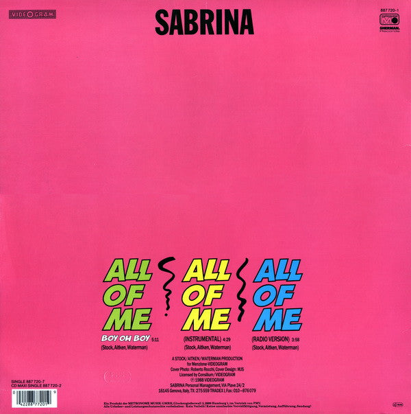 Sabrina : All Of Me (Boy Oh Boy) (12", Maxi)