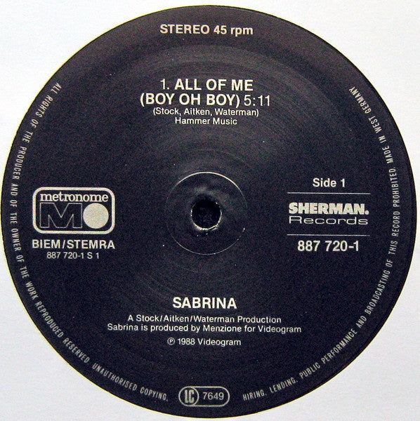 Sabrina : All Of Me (Boy Oh Boy) (12", Maxi)