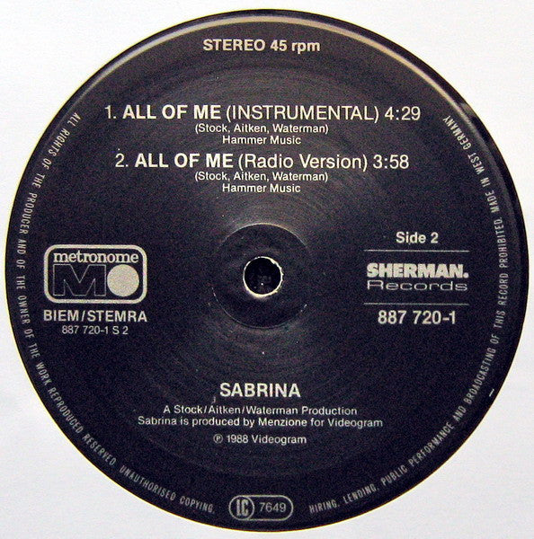 Sabrina : All Of Me (Boy Oh Boy) (12", Maxi)