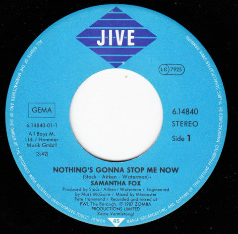 Samantha Fox : Nothing's Gonna Stop Me Now (7", Single)