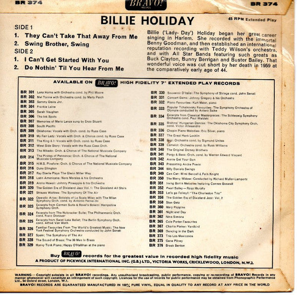 Billie Holiday : Billie Holiday (7", EP)