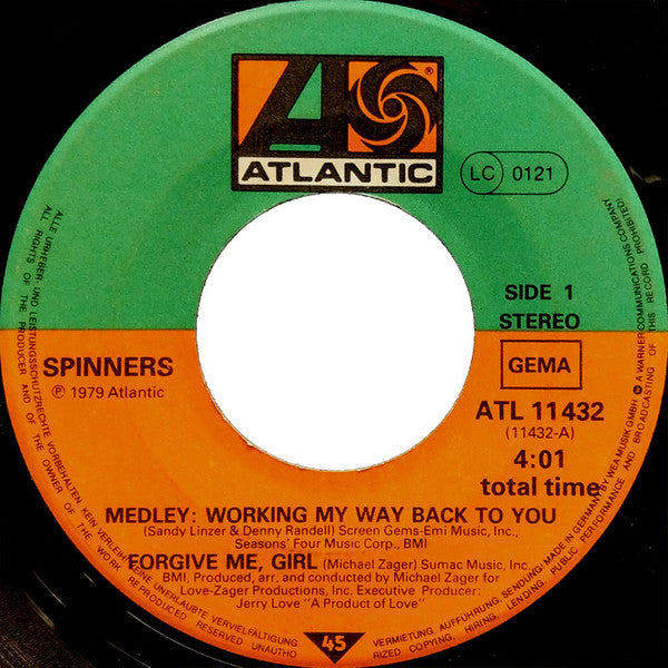 Spinners : Working My Way Back To You / Disco Ride (7", Single)
