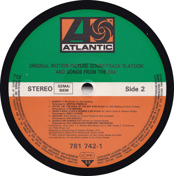 Various : Platoon (Original Motion Picture Soundtrack And Songs From The Era) (LP, Comp, RE)