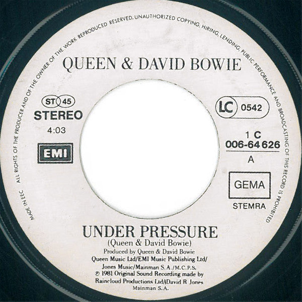 Queen & David Bowie : Under Pressure (7", Single, Whi)