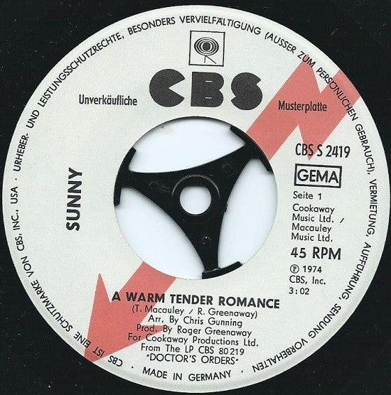 Sunny Leslie : A Warm And Tender Romance (7", Single, Promo)