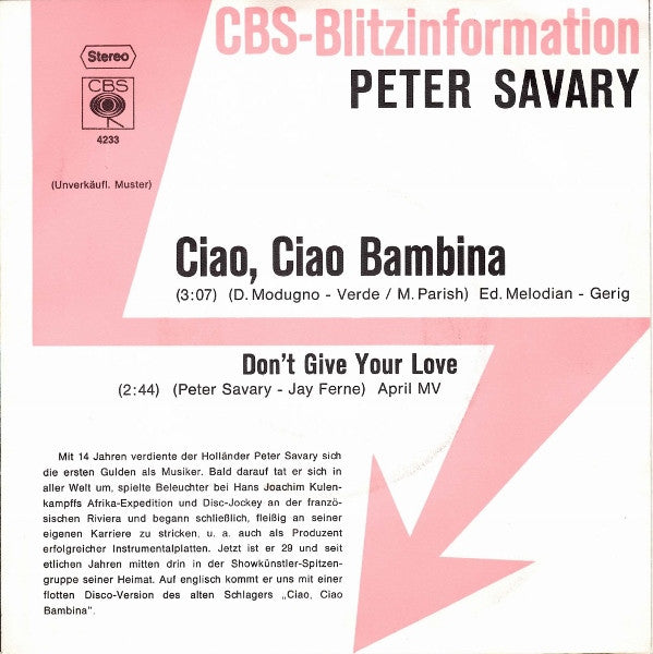 Peter Savary : Ciao, Ciao Bambina (7", Single, Promo)