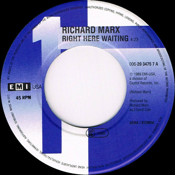 Richard Marx : Right Here Waiting (7", Single)
