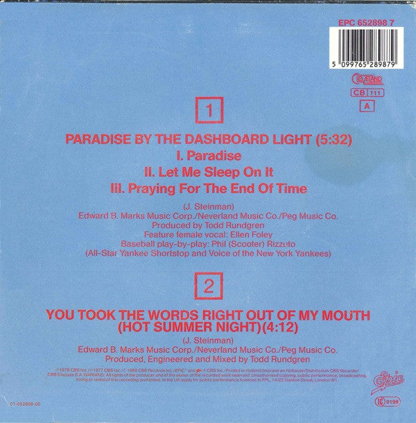 Meat Loaf : Paradise By The Dashboard Light (7")