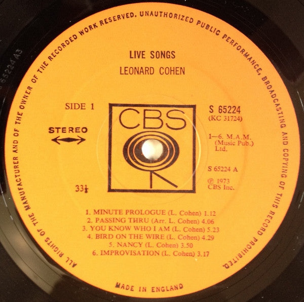 Leonard Cohen : Live Songs (LP, Album)