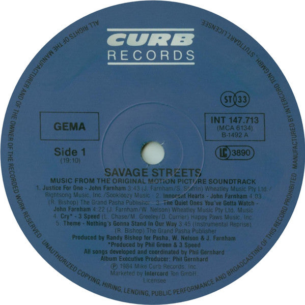 Various : Savage Streets - Music From The Original Motion Picture Soundtrack (LP)