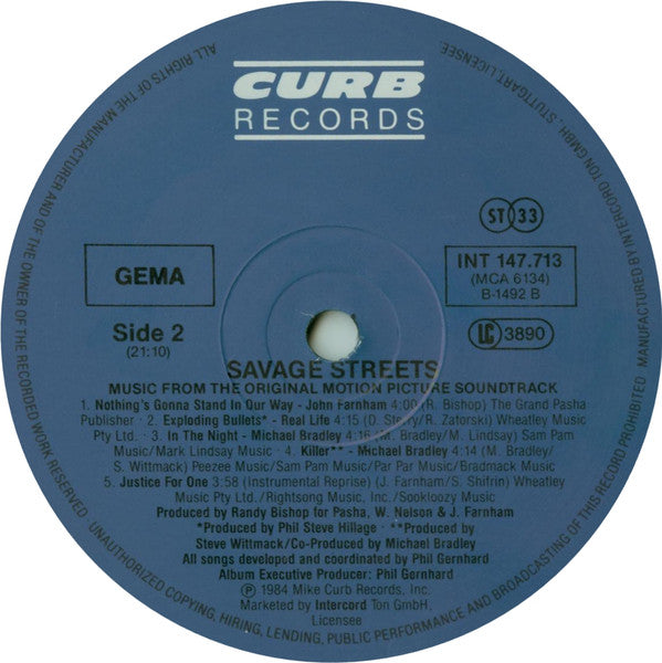 Various : Savage Streets - Music From The Original Motion Picture Soundtrack (LP)