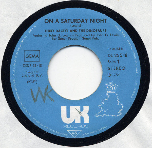 Terry Dactyl And The Dinosaurs : On A Saturday Night (7", Single)
