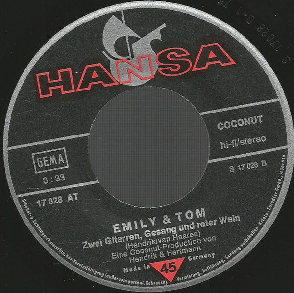Emily & Tom : Bleib' Bei Mir, Bis Der Tag Erwacht / Zwei Gitarren, Gesang Und Roter Wein (7", Single)