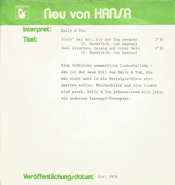 Emily & Tom : Bleib' Bei Mir, Bis Der Tag Erwacht / Zwei Gitarren, Gesang Und Roter Wein (7", Single)