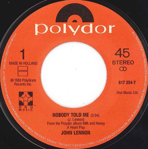 John Lennon : Nobody Told Me (7", Single)