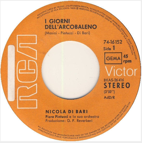 Nicola Di Bari : I Giorni Dell'Arcobaleno (7", Single)