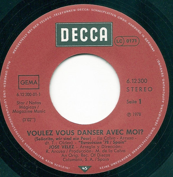 José Vélez : Voulez Vous Danser Avec Moi? (Señorita, Wir Sind Ein Paar) (7", Single)