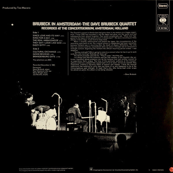 The Dave Brubeck Quartet : Brubeck In Amsterdam (LP, Album)