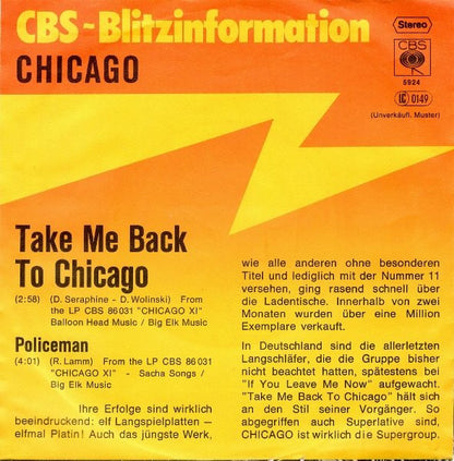 Chicago (2) : Take Me Back To Chicago / Policeman (7", Single, Promo)