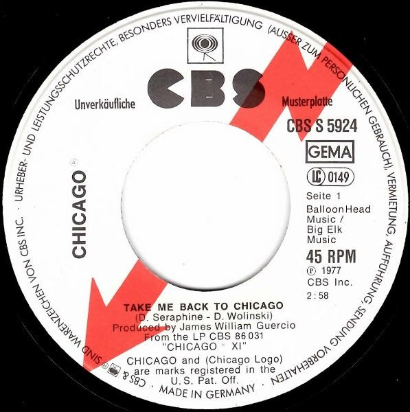 Chicago (2) : Take Me Back To Chicago / Policeman (7", Single, Promo)