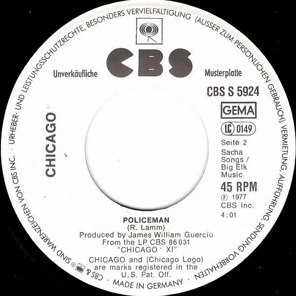 Chicago (2) : Take Me Back To Chicago / Policeman (7", Single, Promo)
