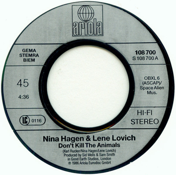 Nina Hagen / Lene Lovich : Don't Kill The Animals (7", Single)